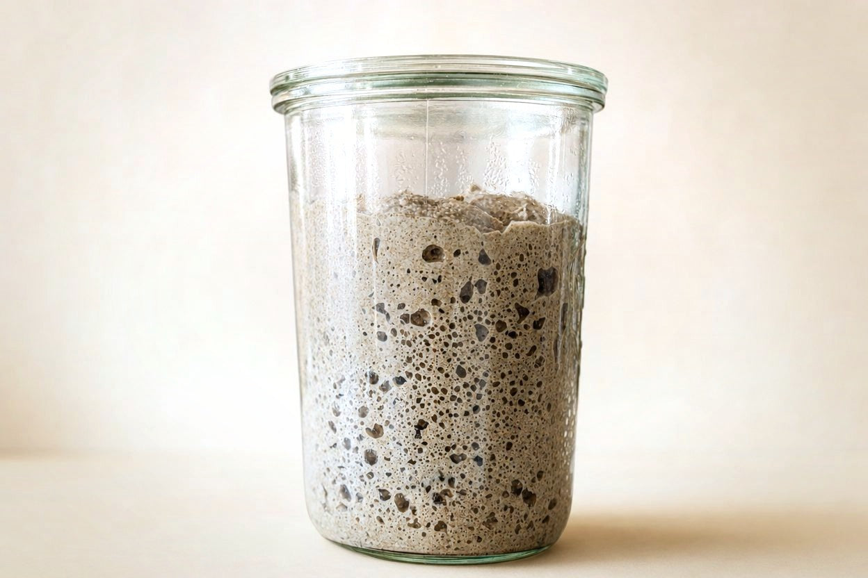 The Explorer dehydrated sourdough starter in a glass jar
