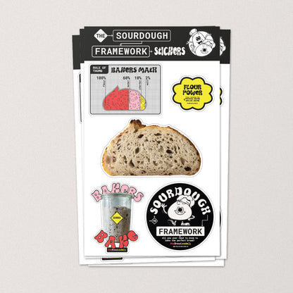 The Sourdough Framework sticker sheet with a baker's-maths chart, a sourdough loaf and "Flour Power" designs