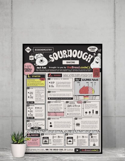The Biochemistry of Sourdough Baking poster, framed against a concrete wall